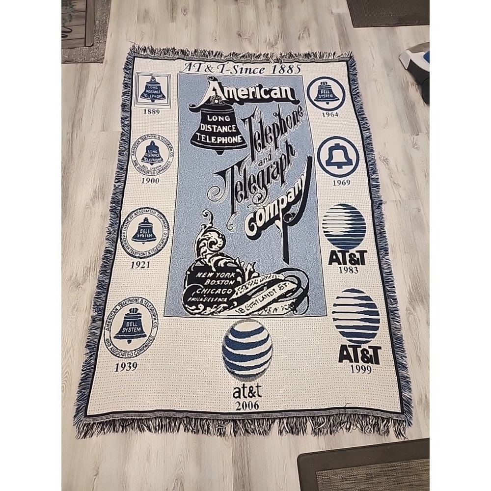 Vintage‎ Tapestry Throw Blanket AT&T Telephone Phone Timeline Blue Cream 70x47"